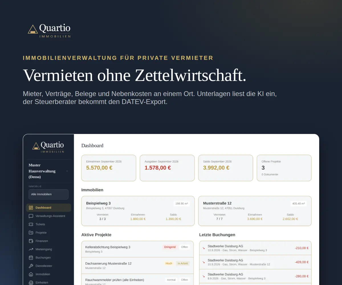Quartio, Dashboard der Demo-Organisation mit Objekten, Projekten und Buchungen